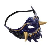 Masque de Démon Japonerie Samouraï Bleu en Plastique pour Adultes | Demi-visage, Sangle Élastique Haute, Grille Buccale Intégrée, Cosplay Complet, Décoration Murale