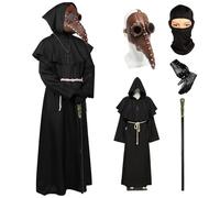Masque de docteur de la peste - Long bec d'oiseau - Masque steampunk - Robe de prêtre - Gants - Collier - Ceinture de sceptre - Cagoule - Costume de cosplay pour Halloween, carnaval, fête
