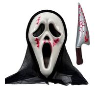 Masque de fantôme hurlant et Faux poignard gonflable sanglant - Costumes d'Halloween hommes avec masque scream adulte et couteau halloween sang - Accessoires de costume halloween homme scream Cosplay