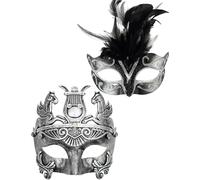 Masque de femme plume d'argent et masque d'homme guerrier grec masques de Couple de mascarade vénitienne, pour mardi gras/fête/bal de bal