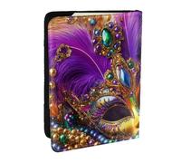 Masque de Mardi Gras avec plumes multicolores et perles imprimées Porte-passeport, étui de voyage en cuir synthétique pour homme et femme, 16,5 cm, Noir , Taille unique