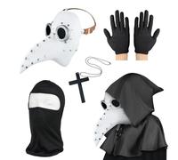 Masque de médecin de la pest - Masque d'oiseau steampunk - Costume d'Halloween pour homme - Costume de médecin de la peste pour adulte - Blanc - Masque d'Halloween avec gants et cape à capuche pour