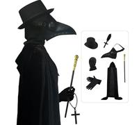Masque de médecin de la peste 6 en 1, masque à long bec, chapeau haut-de-forme, cape à capuche, collier, gants et cagoule pour fête costumée d'Halloween