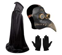 Masque de médecin de la peste - Accessoire de costume d'Halloween - Masque à bec long - Masque gothique pour cosplay - Masque en latex Steampunk avec cape à capuche noire et gants pour Halloween,