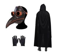 Masque de médecin de la peste - Accessoires de costume d'Halloween - Masque Steampunk Cosplay - Bec d'oiseau réglable avec une paire de gants - Cape à capuche noire pour fête d'Halloween