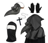 Masque de médecin de la peste, costume d'Halloween pour homme, costume de médecin de la peste, masque d'oiseau steampunk pour adulte, masque d'Halloween noir argenté avec gants et cape à capuche pour