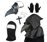 Masque de médecin de la peste, costume d'Halloween pour homme, masque d'oiseau steampunk pour adulte, masque d'Halloween noir argenté avec gants et cape à capuche pour décoration gothique et Halloween