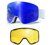 Masque de Ski avec Magnétique Lentille Interchangeable,YH212 Lunettes de Ski OTG pour Unisexes Ajustables Anti Buée Coupe-Vent Anti-UV Lunettes de Snowboard pour Sports Hiver (05-REVO Blue/White)