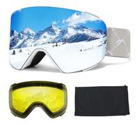 Masque de Ski avec Magnétique Lentille Interchangeable,YH693C Lunettes de Ski OTG pour Unisexes Ajustables Anti Buée Coupe-Vent Anti-UV Lunettes de Snowboard pour Ski (04-Argent/Blanc+Lentille)