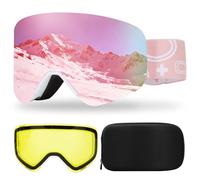 Masque de Ski avec Magnétique Lentille Interchangeable,YH879B Lunettes de Ski OTG pour Unisexes Ajustables Anti Buée Coupe-Vent Anti-UV Lunettes de Snowboard pour Ski (06- REVO Rose/Blanc+Lentille)