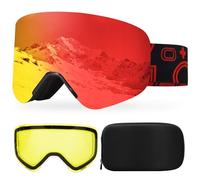 Masque de Ski avec Magnétique Lentille Interchangeable,YH879B Lunettes de Ski OTG pour Unisexes Ajustables Anti Buée Coupe-Vent Anti-UV Lunettes de Snowboard pour Ski (05- REVO Rouge/Noir+Lentille)
