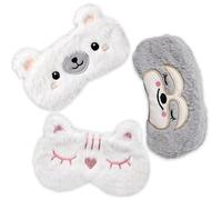 Masque de sommeil KALIONE pour enfants, 3 masques pour les yeux en forme d'animal mignon, peluche, régulateur de sommeil, blanc et gris