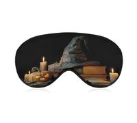 Masque de sommeil pour les yeux avec chapeau de sorcière sur livres, bougies, masque de sommeil en forme de citrouille pour homme et femme avec sangle réglable pour voyage, yoga, sieste, travail