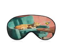Masque de sommeil pour les yeux avec motif chat tigré orange sur fauteuil en velours bleu sarcelle avec sangle réglable pour voyage, yoga, sieste, travail