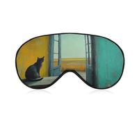 Masque de sommeil pour les yeux de chat noir assis sur la table - Masque de sommeil pour homme et femme - Sangle réglable - Pour voyage, yoga, sieste, travail