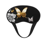 Masque de sommeil pour les yeux en soie avec sangle élastique super douce - Motif papillons blancs et dorés - Noir - Pour homme et femme