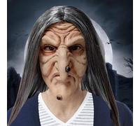 Masque de sorcières Halloween, masque de vieille dame en froissé méchante aux cheveux longs et nez sorcière, latex effrayant avec des trous ventilation s'adapte le plus pour les adultes Hallow