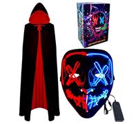 Masque d'Halloween à DEL, cape de vampire et masque lumineux pour cosplay, costume d'Halloween effrayant, masque de rave, cape réversible avec capuche, tenue de déguisement pour adultes (rouge et bleu