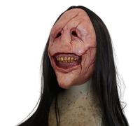 Masque d'Halloween effrayant Grin Creepy Souring Scar Face Red Face Masque Demon avec des cheveux longs noirs Létex réaliste Scrit mal pour le cosplay Costumes Halloween, Demon, effrayant
