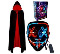 Masque d'Halloween et cape de vampire à DEL - Masque lumineux pour cosplay - Masque d'Halloween effrayant - Masque de rave à DEL réversible avec capuche - Tenue de fête pour adultes (bleu et rouge)