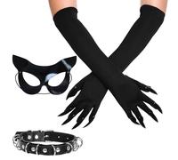 Masque d'Halloween pour femme - Costume de chat noir - Accessoire avec masque de chat - Gants longs à ongles - Collier en cuir synthétique - Masque Catwoman pour Halloween, carnaval, mascarade