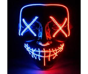 Masque d'horreur à LED Rouge et bleu - comme de Purge avec effets de lumière, contrôlables, pour Halloween, Mardi Gras et Carnaval en tant que costume pour hommes et femmes