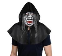 Masque d'Horreur en Latex avec Cape à Capuche Noire Courte Masques de Momie Effrayant et Cape à Capuche pour Halloween Déguisement Tueur Effrayant pour Halloween Carnaval Cosplay Fête à Thème,Masque B