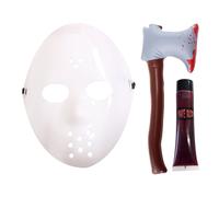 Masque d'horreur pour adultes, hache gonflable et faux sang - Masque blanc de style hockey, accessoire de hache sanglante et tube de faux sang - Accessoires de déguisement d'Halloween