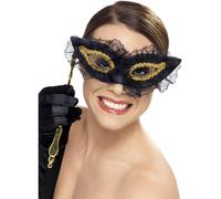 Masque D'Opéra Doré Et Noir Sur Bâton Pour Femmes Accessoire De Déguisement