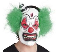 Masque en latex de clown effrayant avec cheveux verts et mini chapeau rayé noir et blanc - Halloween Pro