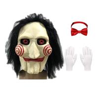 Masque en latex de scie pour adultes Carnavalife avec perruque, scie à masque Halloween, Gants et nœud papillon rouge, Accessoires Dsifraz Saw Film (Modèle+Noeud+Gants)