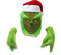 Masque Grinch, Décorations Noël Grinch, Masque et Gants de Noël avec Chapeau Rouge Cosplay, Costume Grinch Adulte pour Halloween Xmas Funny Carnival Party Full Face Latex Helmet Costume Props
