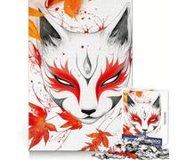 Masque Kitsune avec Feuilles d'automne, Puzzle de 1000 pièces pour Adolescents, à Monter soi-même, Motif aux Couleurs Vives, décoration Murale 50x75cm