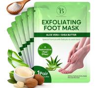 Masque Pied Exfoliant - Beurre de Karité et Aloe Vera - 6 Paires | Bande Adhésive à la Cheville, Taille Unique pour Hommes et Femmes, Port d'une Heure Puis Rinçage vers une Peau Lisse - 6 Pcs