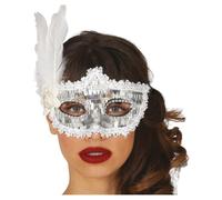 Masque pour les yeux avec paillettes dames argent et plumes blanches - FIESTAS GUIRCA