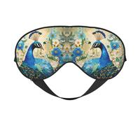 Masque pour les yeux double face avec motif de paon bleu debout parmi des fleurs, design réglable, bloque la lumière et respirant, adapté pour le repos et les voyages.