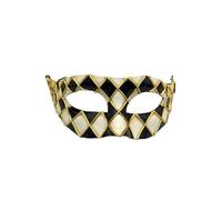 Masque vénitien Arlequin - Noir et blanc avec détails dorés - Fabriqué à la main en papier mâché - Carnaval, bal masqué et fête