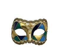 Masque vénitien dans de belles couleurs avec ornement doré.Masque arlequin en papier mâché en or, bleu et vert.Masque de mascarade pour homme, mais aussi masque de mascarade pour femme