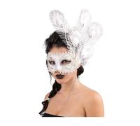MASQUE VÉNITIEN PLUMES GLITTER PLASTIQUE ADULTE Blanc