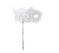 Masque vénitien pour femme avec baguette - Costume de carnaval - Masque pour les yeux - Dentelle - Fleur - Plumes - Masque de bal masqué - Accessoire de fête de princesse - Accessoire de photographie