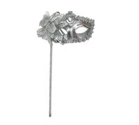 Masque vénitien pour femme avec baguette - Costume de carnaval - Masque pour les yeux - Dentelle - Fleur - Plumes - Masque de bal masqué - Accessoire de fête de princesse - Accessoire de photographie