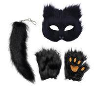 Masquerade Masque Set - Animal Face Cover Prop, Halloween Cosplay Pack | Fluff polymer Construction Pack Contains Gloves Tail | Carnival Stage Performance Photo Booth Supplies, Feline Lupine D