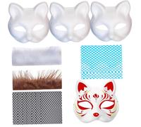 Masques de chat à peindre | Masque Therian, 3pcs Masque à moitié à demi-face avec fourrures et maille pour les yeux, DIY pour peindre un masque blanc, un masque animal pour les fêtes de mascarade et