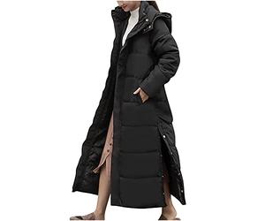 Masrin Doudoune à capuche pour femme - Manteau long et chaud - Couleur unie - Longueur cheville - Veste matelassée fendue - Doudoune avec col roulé - Manteau d'hiver bomber - Veste demi-saison