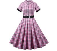 Masrin Robes Rockabilly des années 1950 pour femme - Motif écossais - Swing - Manches courtes - Avec boutonnière - Tunique - Robe de cocktail - Robe de bal - Robe de fête