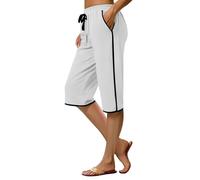 Masrin Short pour femme - Coutures contrastées - Taille élastique - Pantalon de sport avec poches latérales - Couleur unie - Pantalon d'été avec cordon de serrage - Coupe ample - Pantalon midi