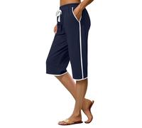 Masrin Short pour femme - Coutures contrastées - Taille élastique - Pantalon de sport avec poches latérales - Couleur unie - Pantalon d'été avec cordon de serrage - Coupe ample - Pantalon midi