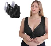 Masrin Soutien-gorge de sport sans armatures pour femme avec boucle avant - Grandes tailles - Dentelle brodée florale - Mince - Extra élastique - Sous-vêtements quotidiens - Taille 75-105 (1/3 pièces)