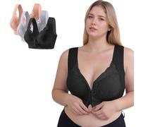 Masrin Soutien-gorge de sport sans armatures pour femme avec boucle avant - Grandes tailles - Dentelle brodée florale - Mince - Extra élastique - Sous-vêtements quotidiens - Taille 75-105 (1/3 pièces)