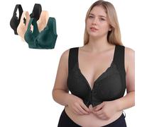 Masrin Soutien-gorge de sport sans armatures pour femme avec boucle avant - Grandes tailles - Dentelle brodée florale - Mince - Extra élastique - Sous-vêtements quotidiens - Taille 75-105 (1/3 pièces)